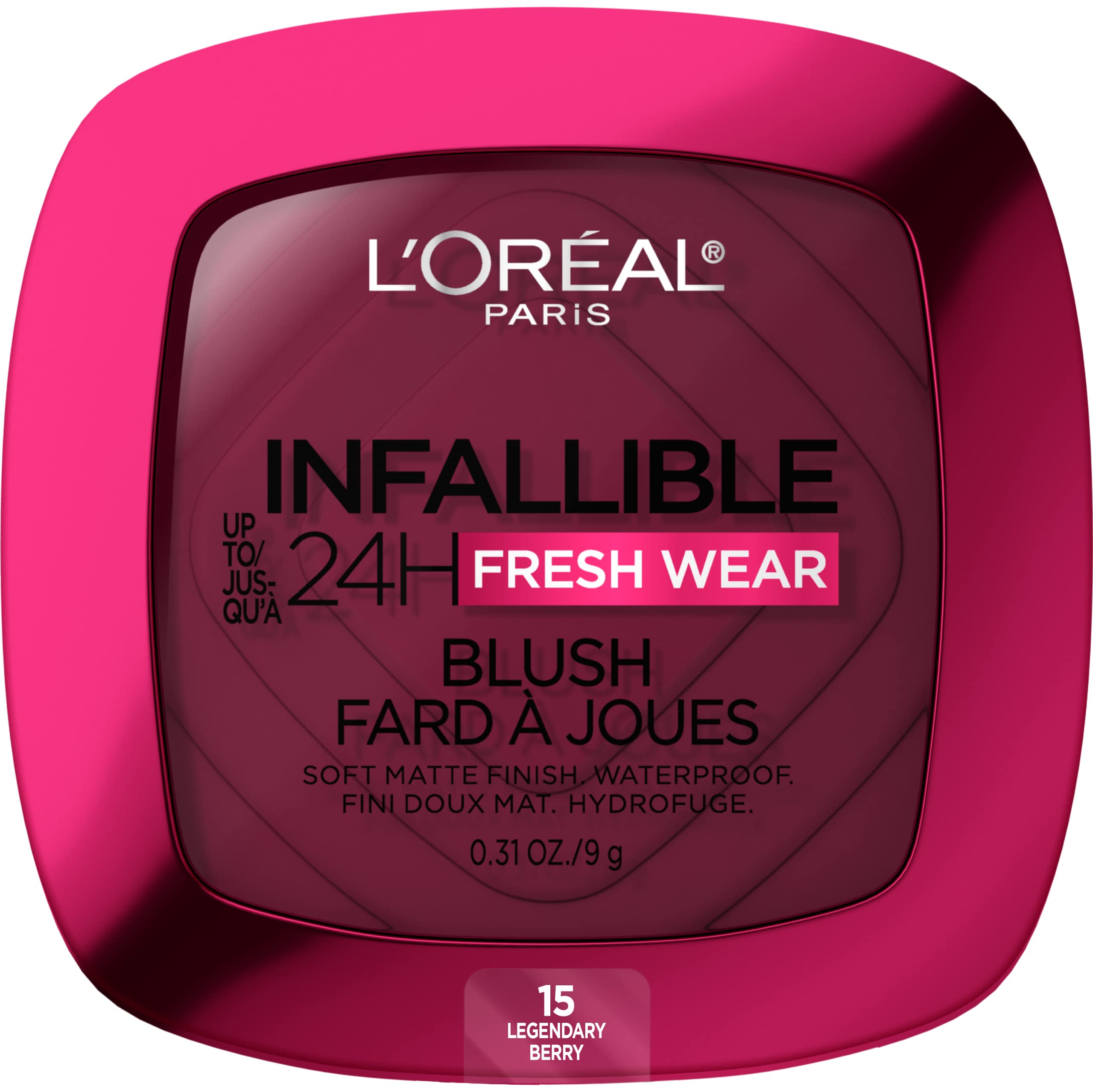 L'Oreal Paris compact front view showing legendary berry shade and sleek packaging benefits longwear