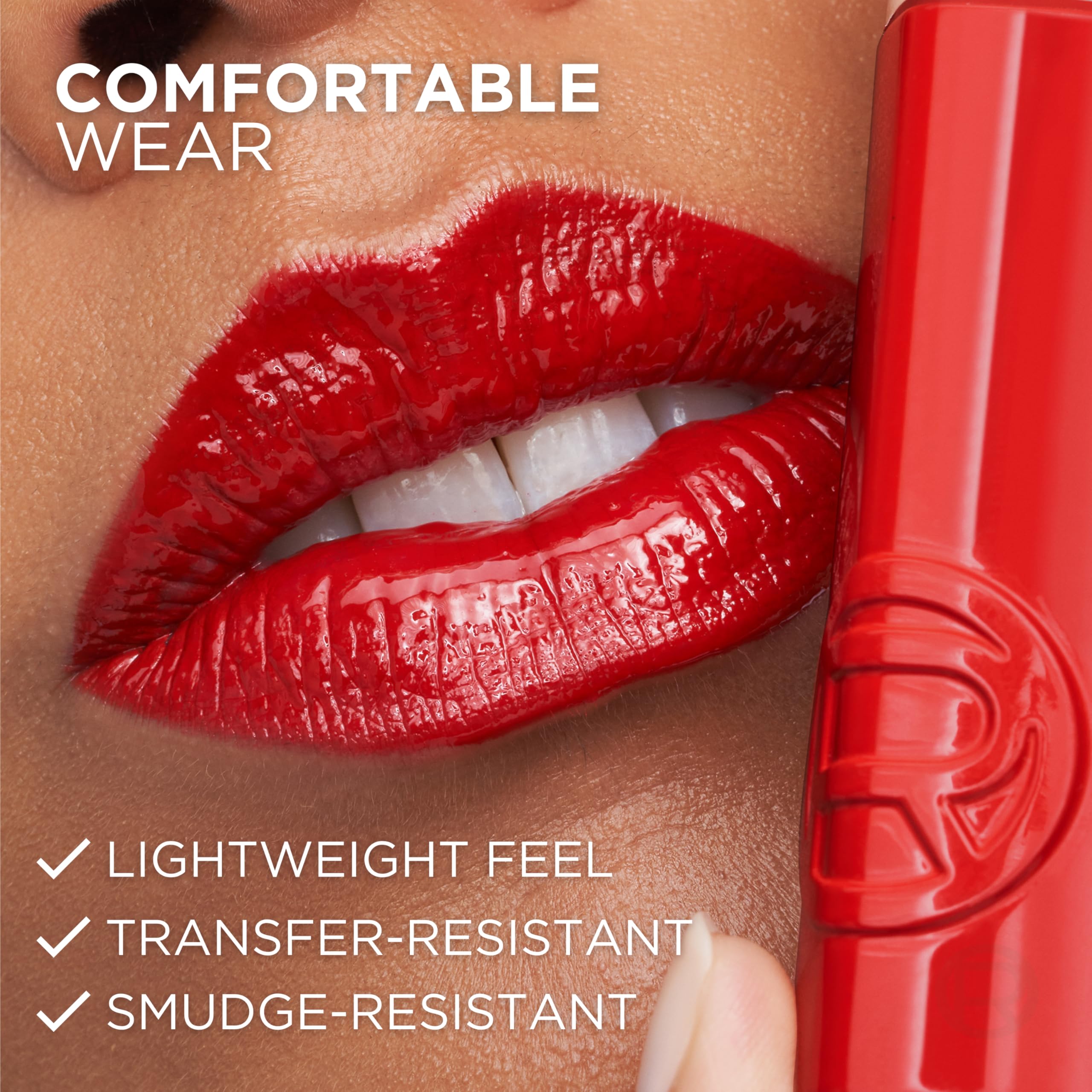 L'Oreal Paris on-model lifestyle shot demonstrating long-lasting glossy lips in natural light