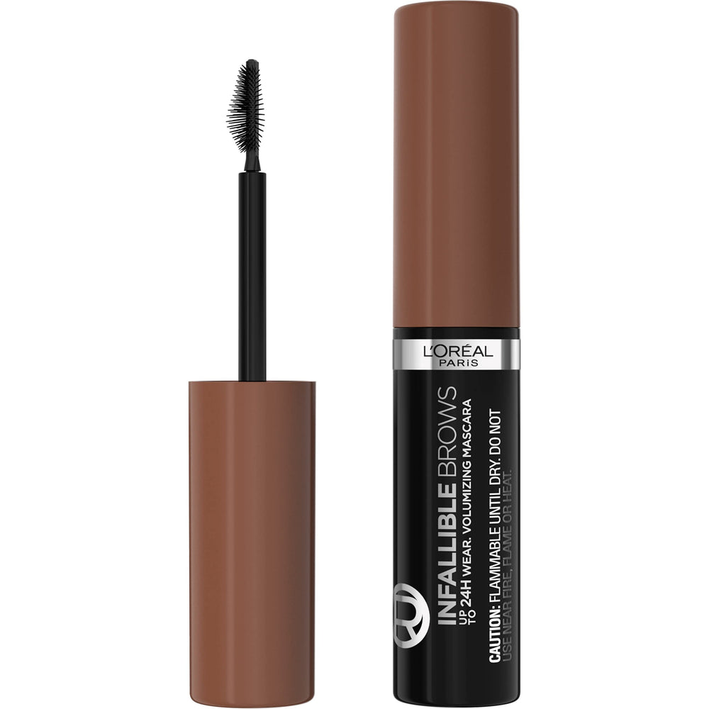 L'Oreal Paris front tube of volumizing brow mascara showing compact packaging and shade