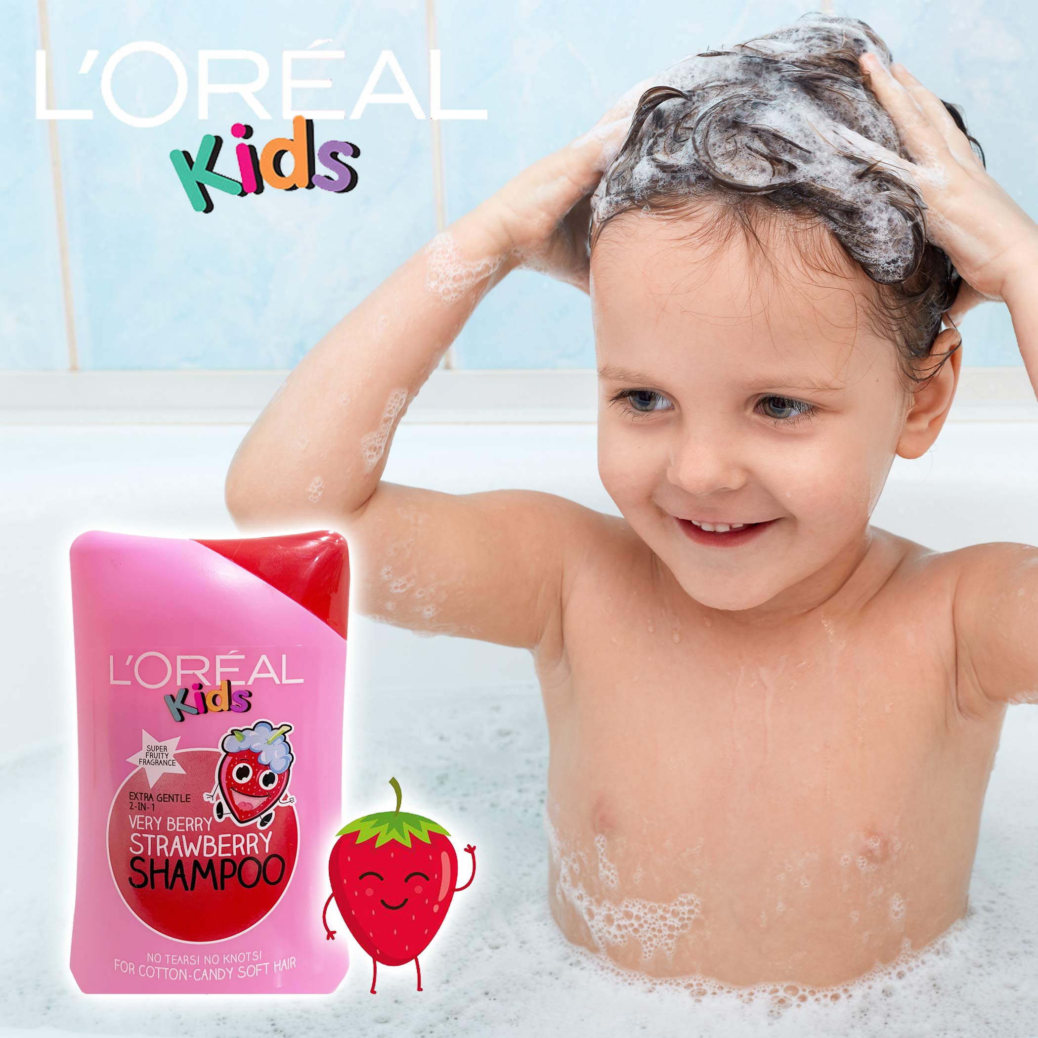 L'Oreal Paris Kids shampoo in bath scene with child and caregiver, demonstrating quick tear-free use