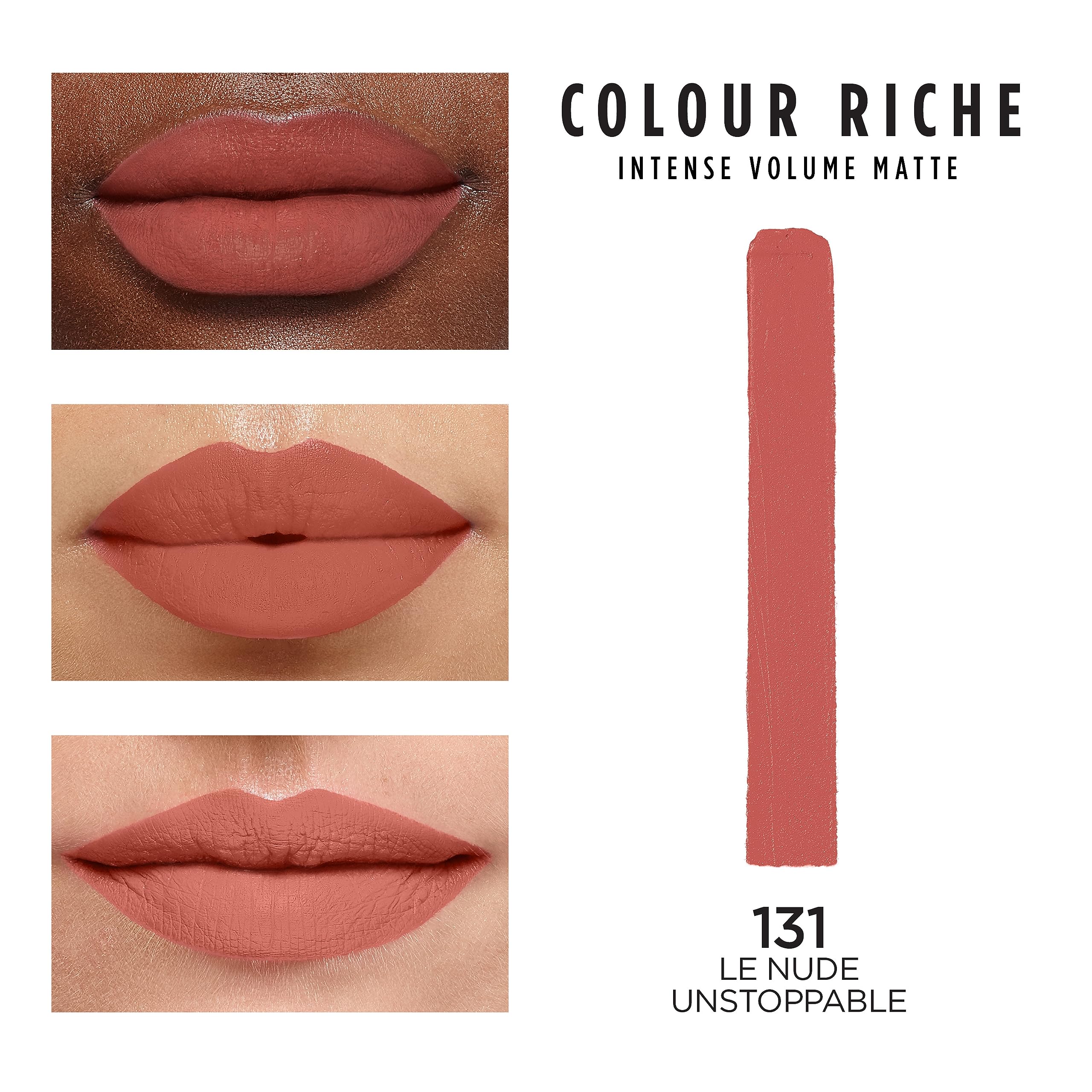 L'Oreal Paris lipstick texture swipe on arm, powdery matte finish and true color