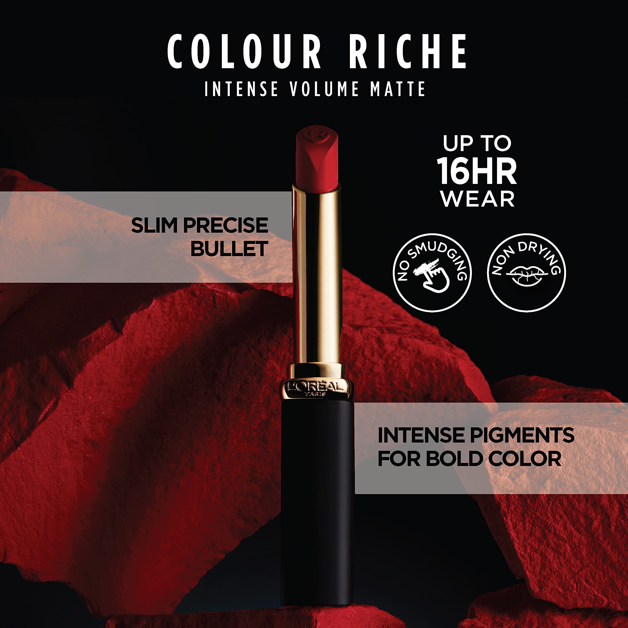 L'Oreal Paris lipstick swatch on skin showing matte texture and true pigment