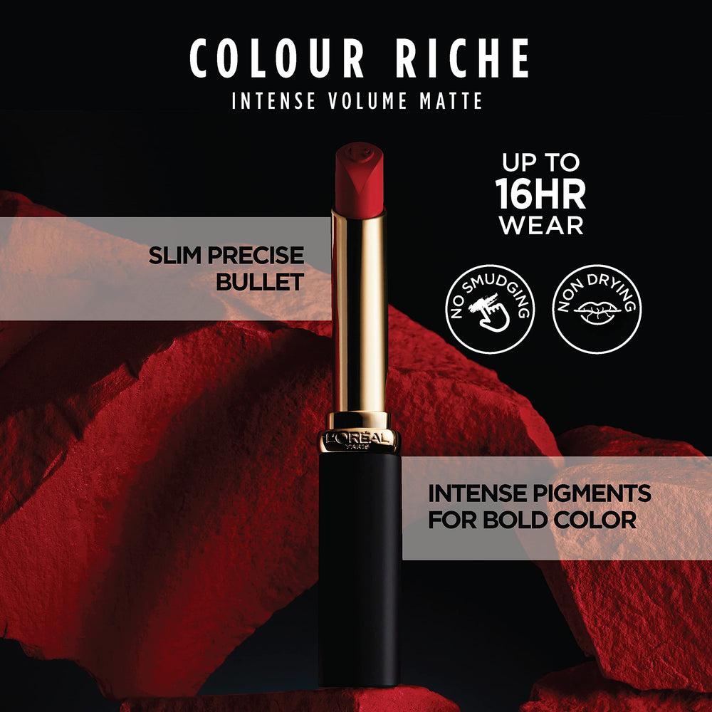 L'Oreal Paris lipstick swatch on skin showing matte texture and true pigment