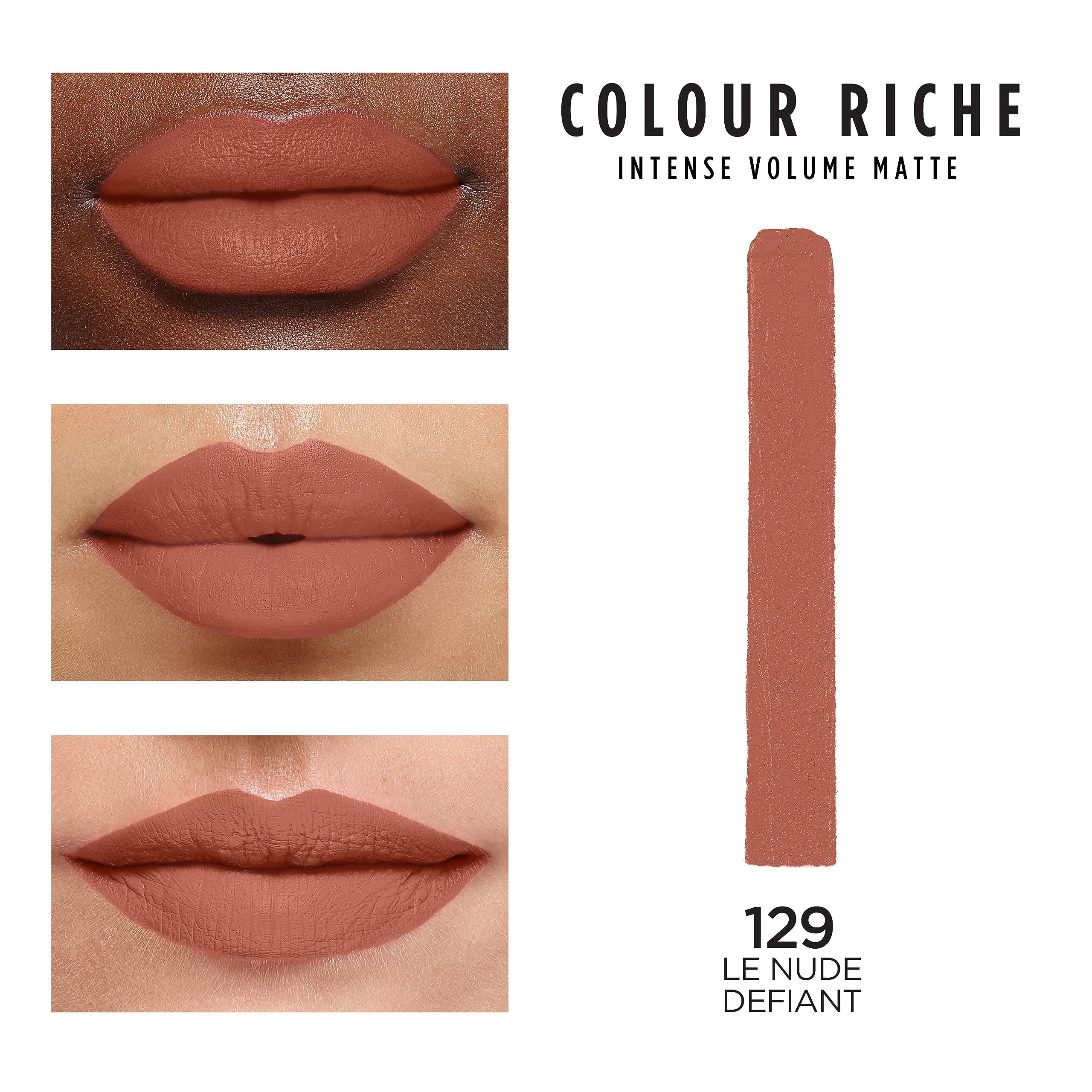 L'Oreal Paris lipstick texture swatch on paper showing powdery matte finish and long-lasting color payoff