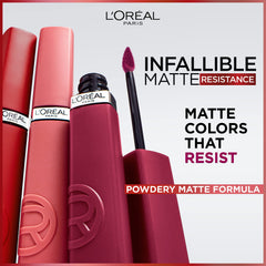 L'Oreal Paris texture swipe showing powdery-matte finish and even color payoff benefit