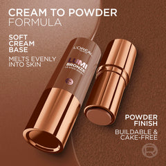 L'Oreal Paris bronzer stick held in hand to show scale and easy portability benefit