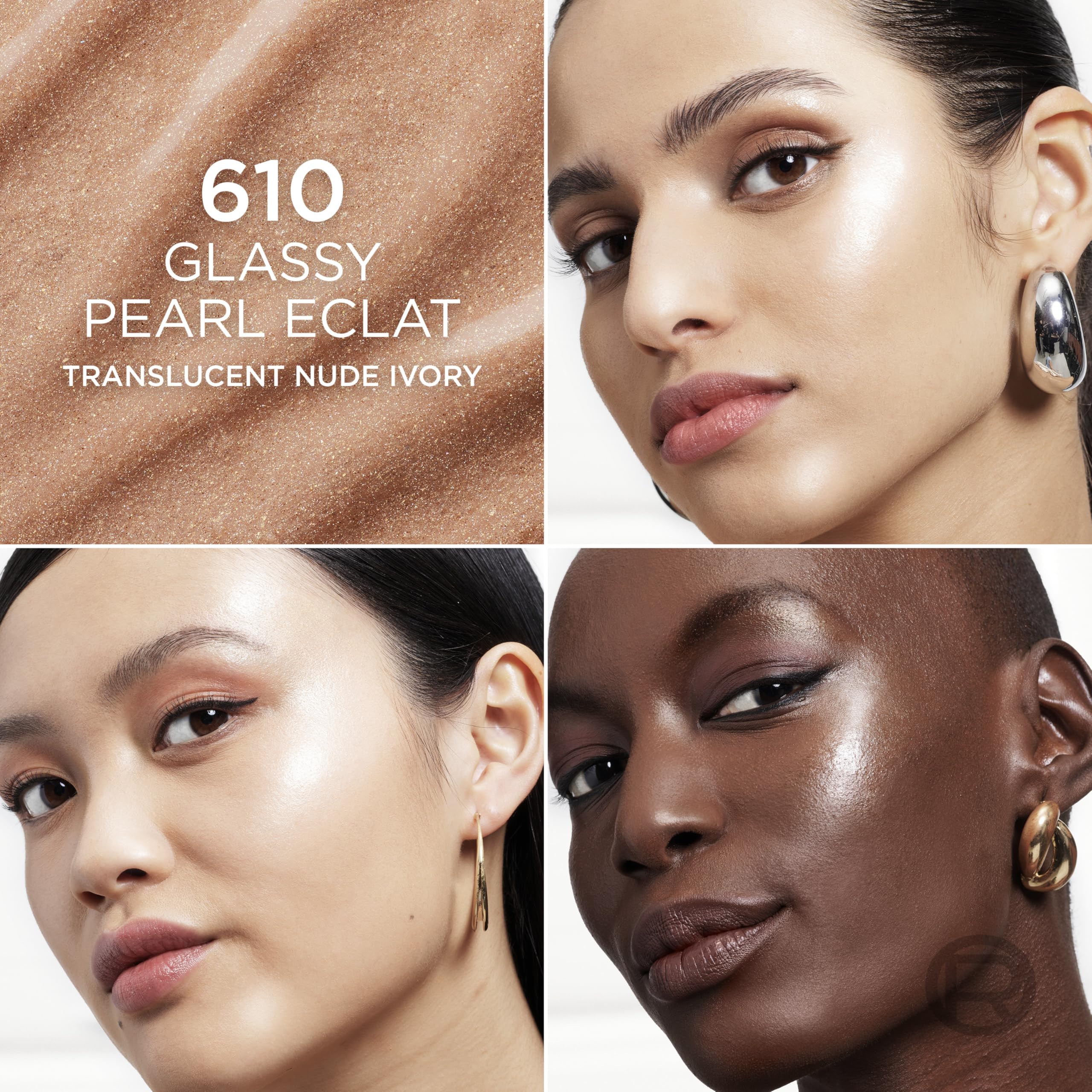 L'Oreal Paris creamy swatch texture demonstrating buildable, glassy reflective finish benefit