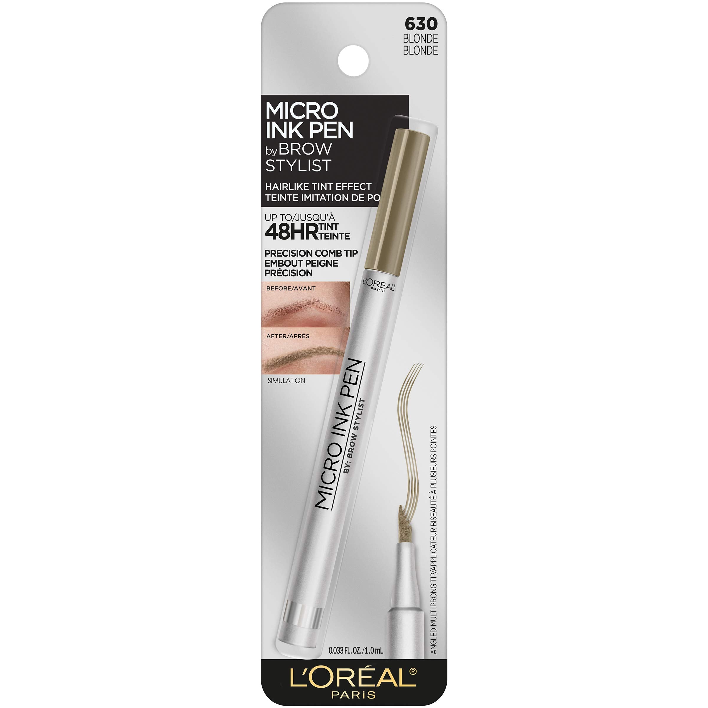 L'Oreal Paris micro ink pen close-up of comb tip for precise hair-like strokes