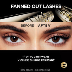 L'Oreal Paris mascara swiped on lashes showing fanned-out length and volume
