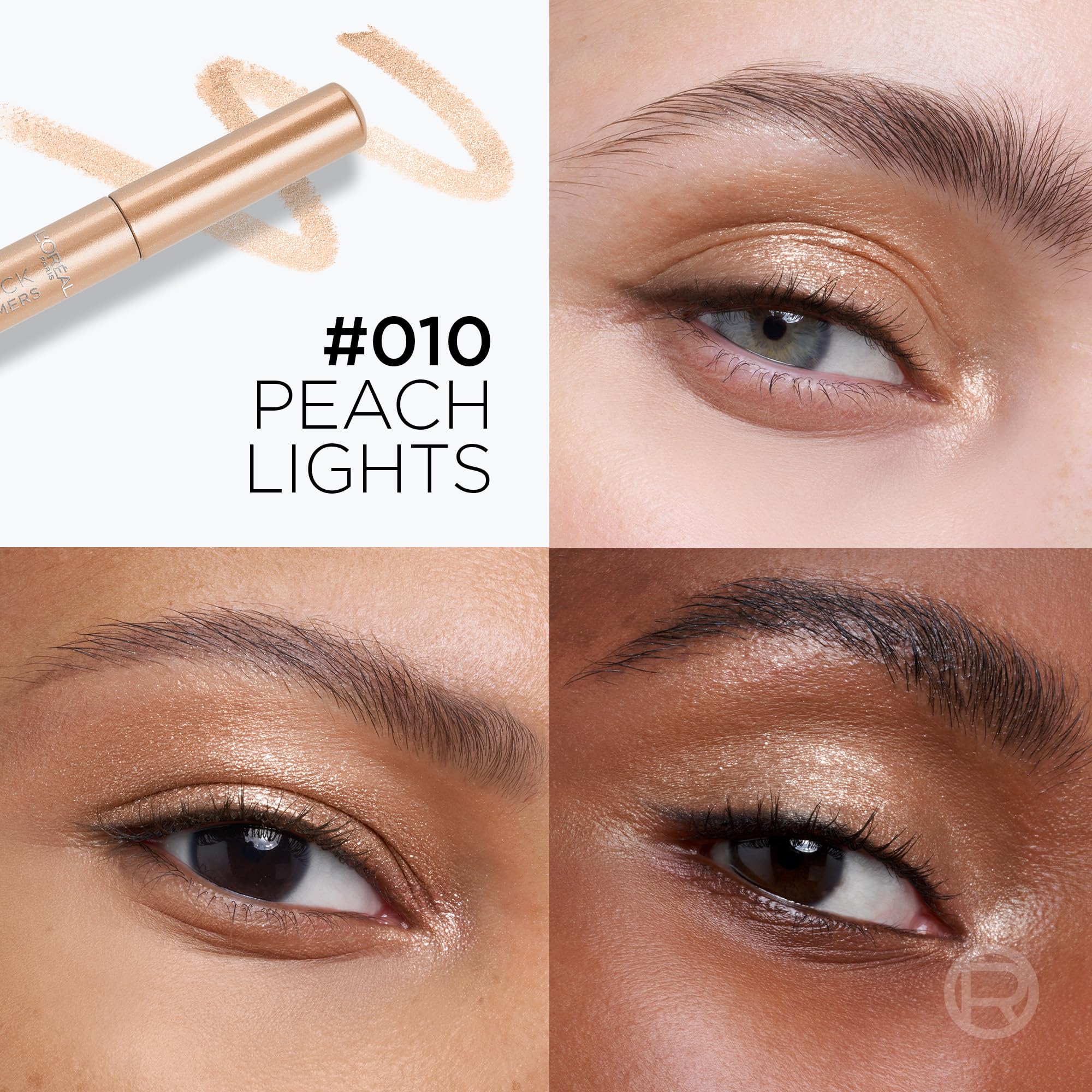 L'Oreal Paris Peach Lights stick tip close-up illustrating smooth creamy applicator glide