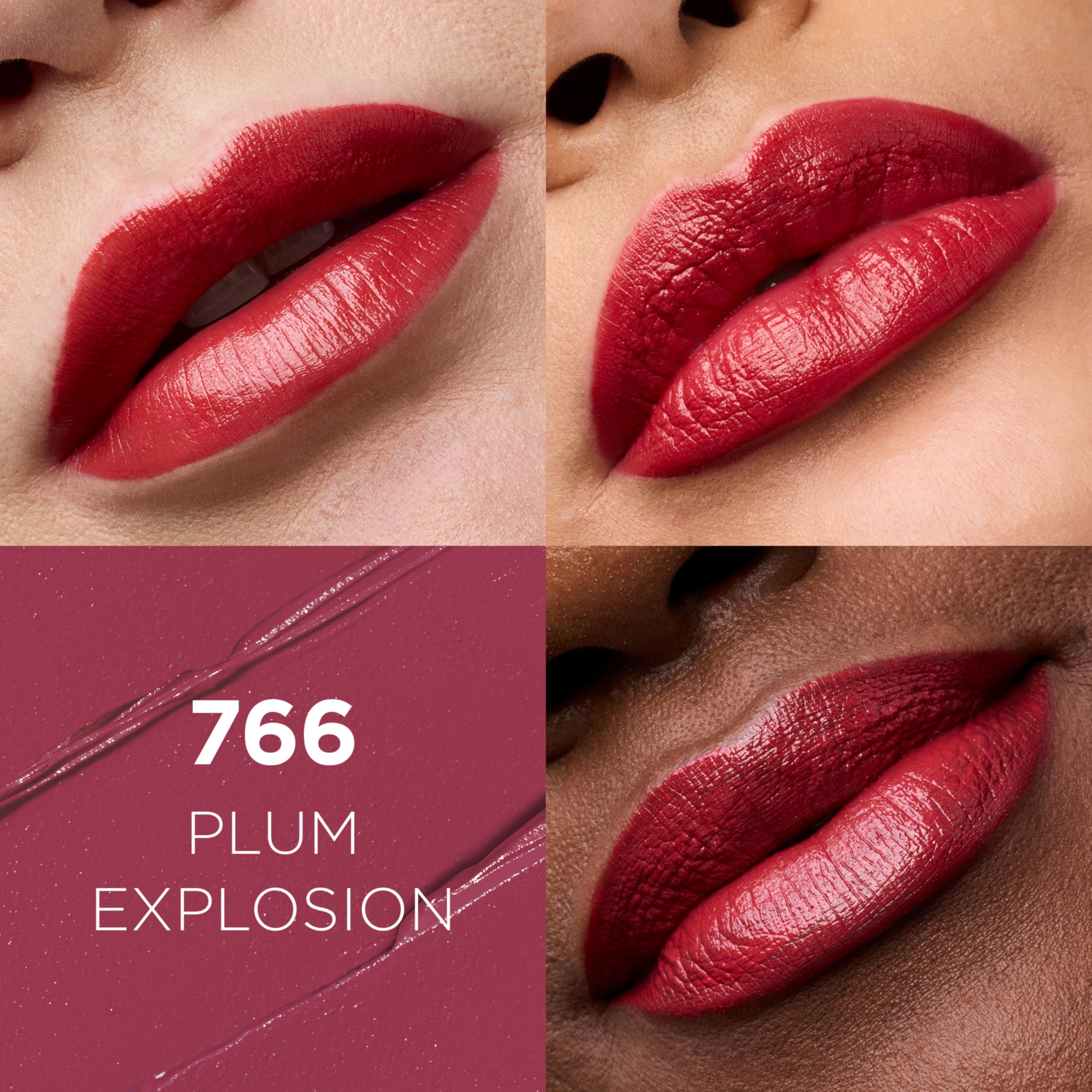 L'Oreal Paris open lipstick bullet of Plum Explosion showing creamy twist stick for smooth application