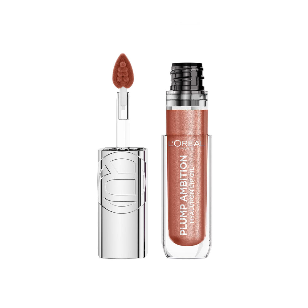 L'Oreal Paris front packaging of Plump Ambition lip oil showing tube and shade name for quick identification and polish