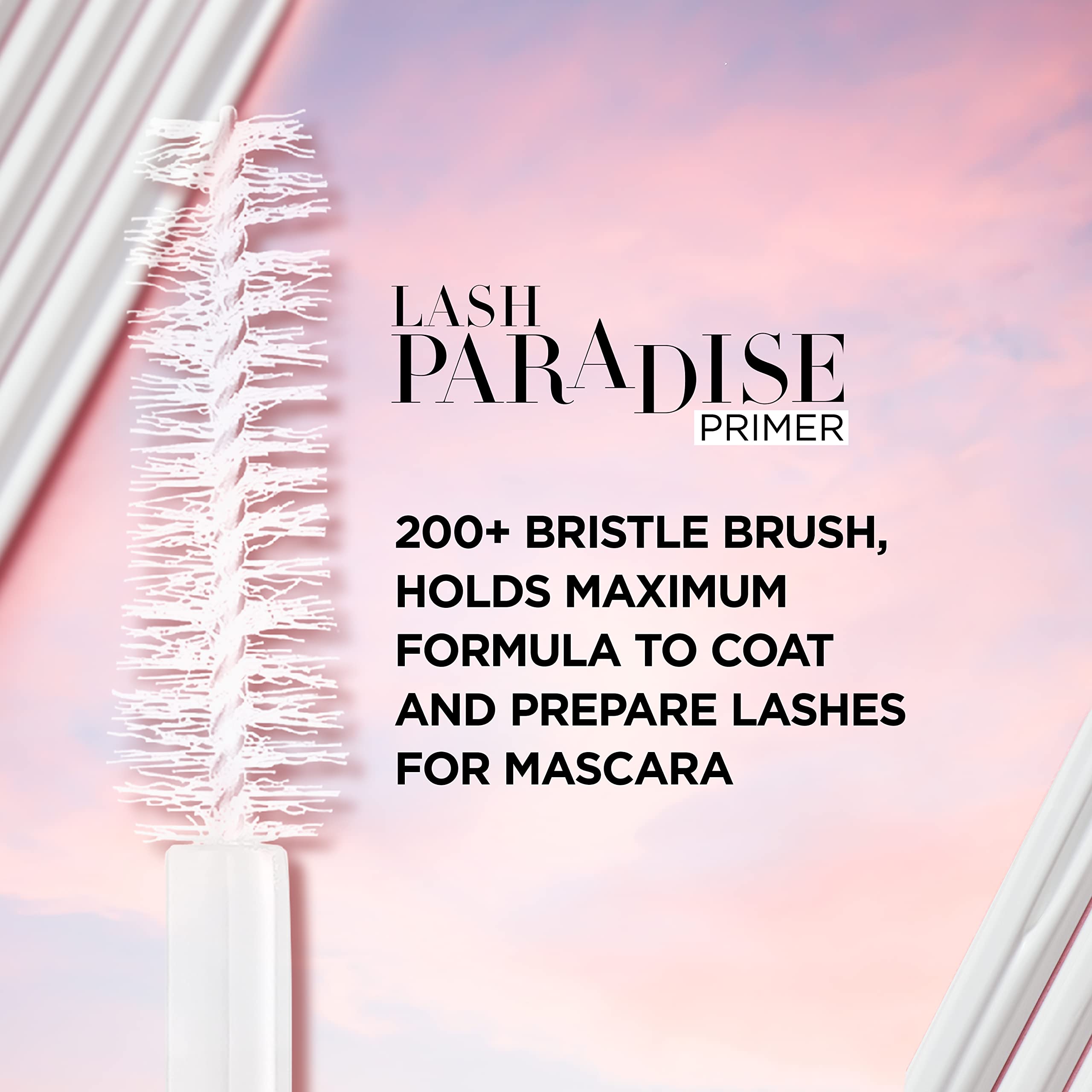 L'Oreal Paris primer applied on lashes demonstrating lifted and volumized effect