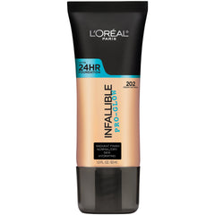 L'Oréal Paris front view of Pro-Glow foundation bottle showing shade and packaging, easy-to-apply