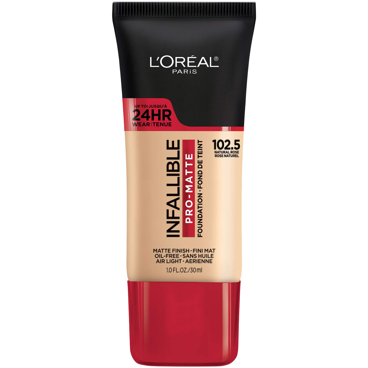 L'Oreal Paris front bottle view showing Natural Rose shade and compact design benefit