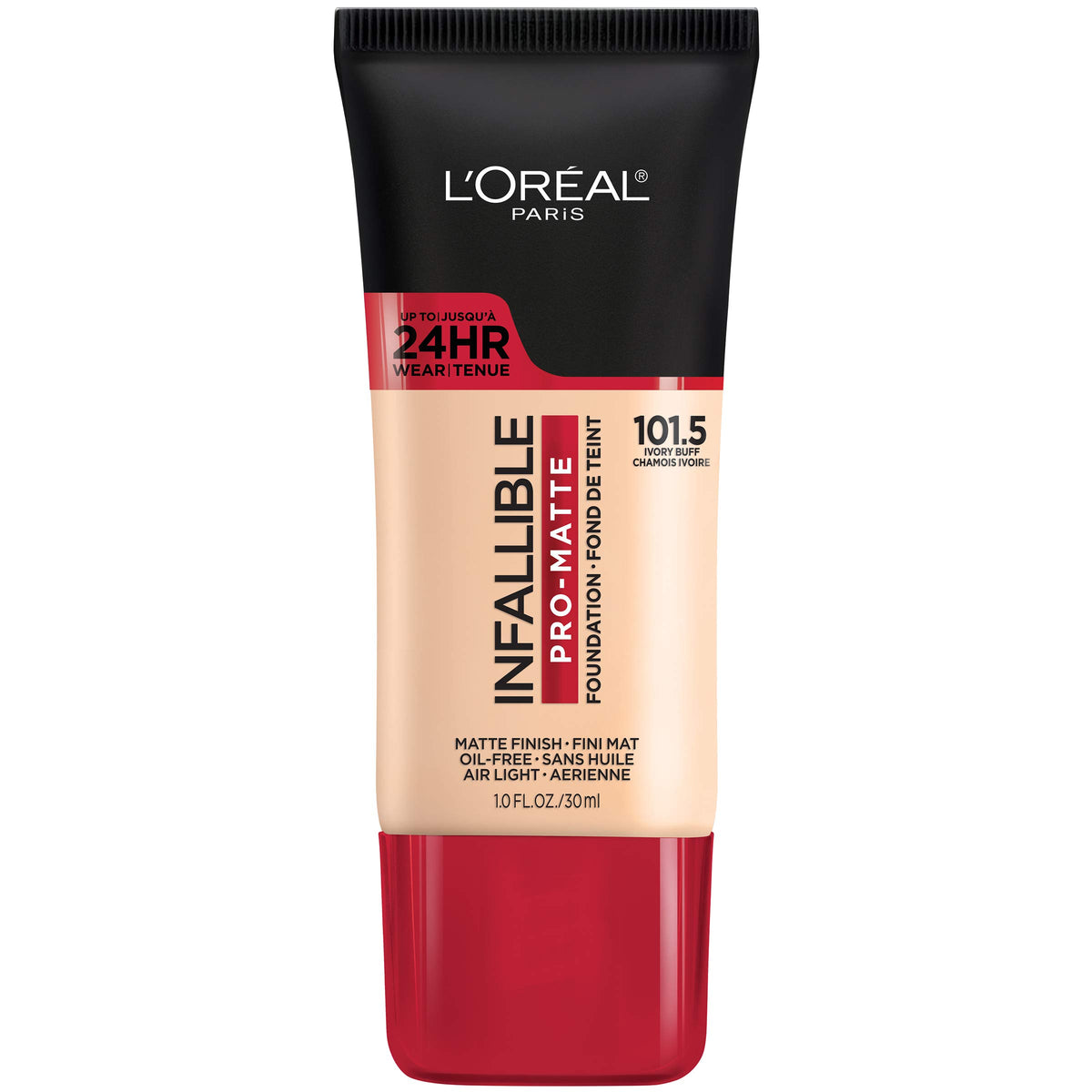 L'Oreal Paris front bottle showing foundation shade and sleek packaging benefit longwear