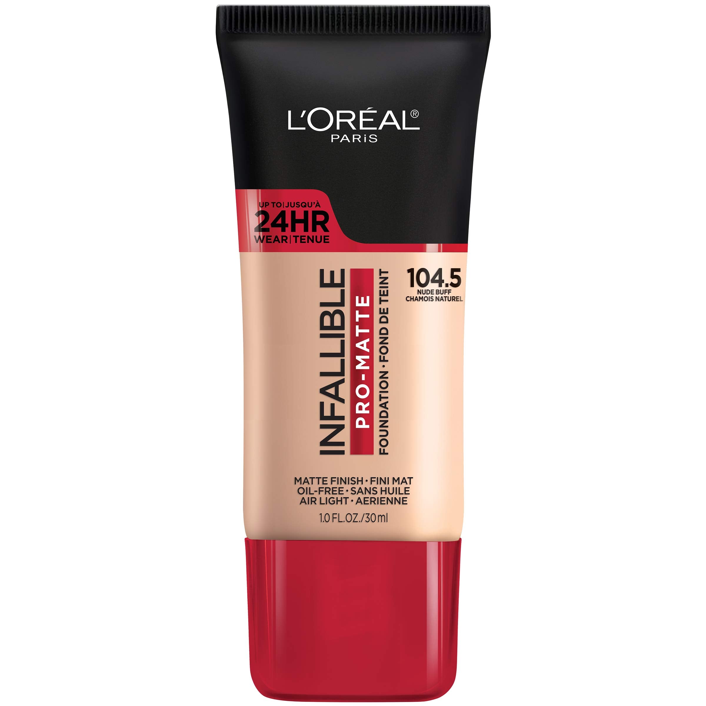 L'Oreal Paris bottle front view showing label and sleek packaging benefit: clear shade ID
