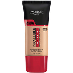 L'Oreal Paris pro-matte front bottle showing shade label and compact design benefit