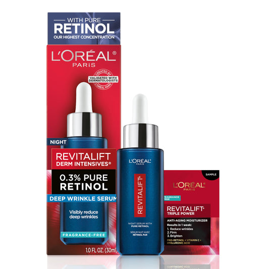 L'Oreal Paris front packaging showing serum bottle and box, clear product benefit