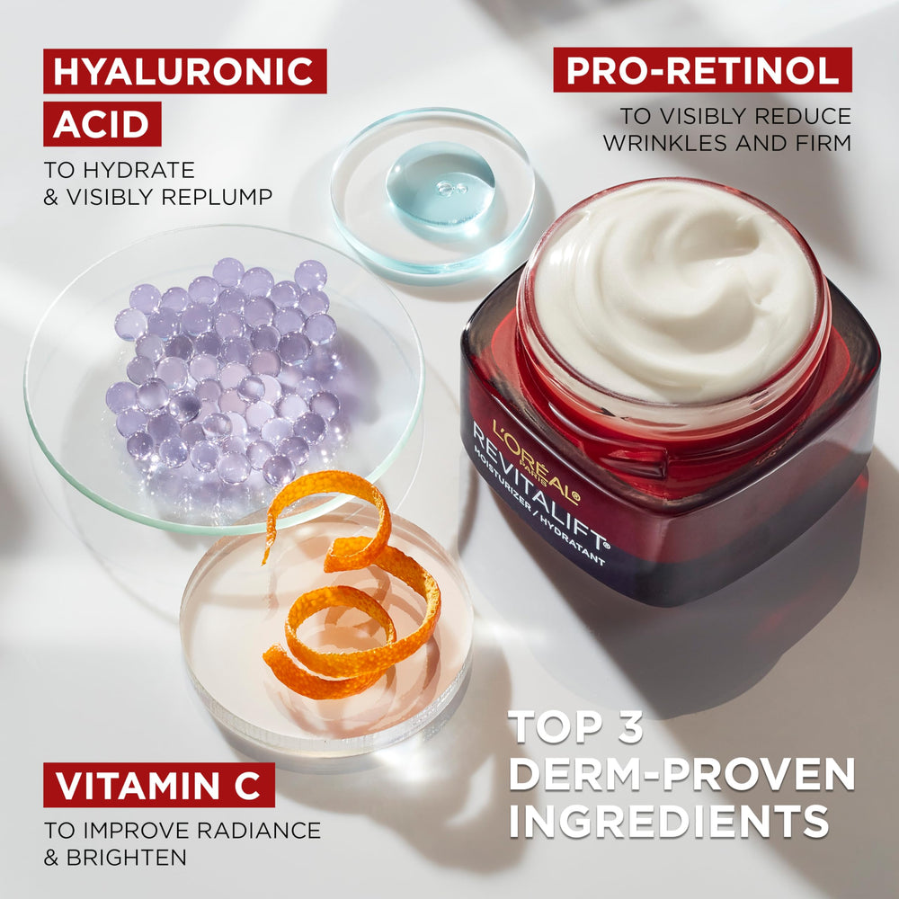 L'Oreal Paris Revitalift open jar displaying creamy formula and easy application