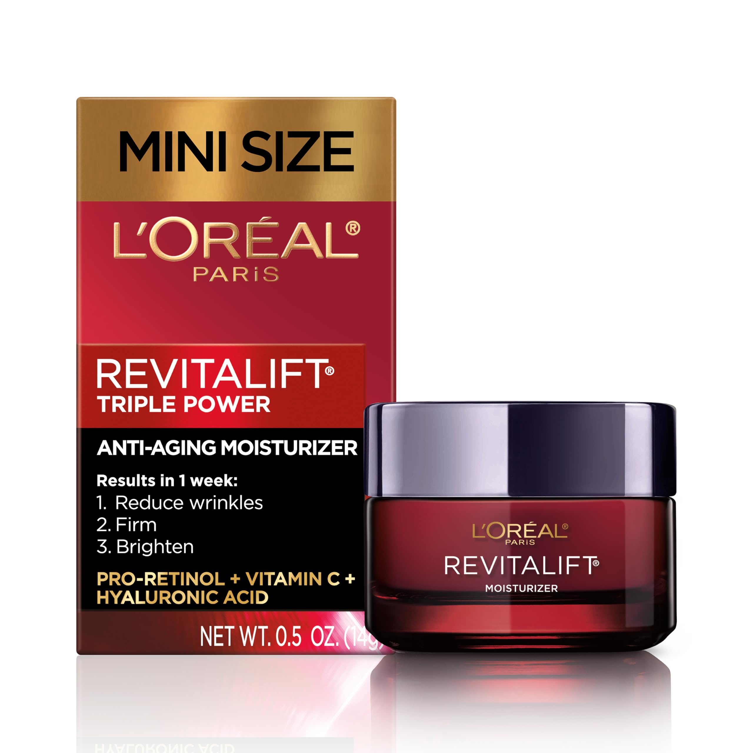 L'Oreal Paris Revitalift front jar showing compact travel packaging and benefits