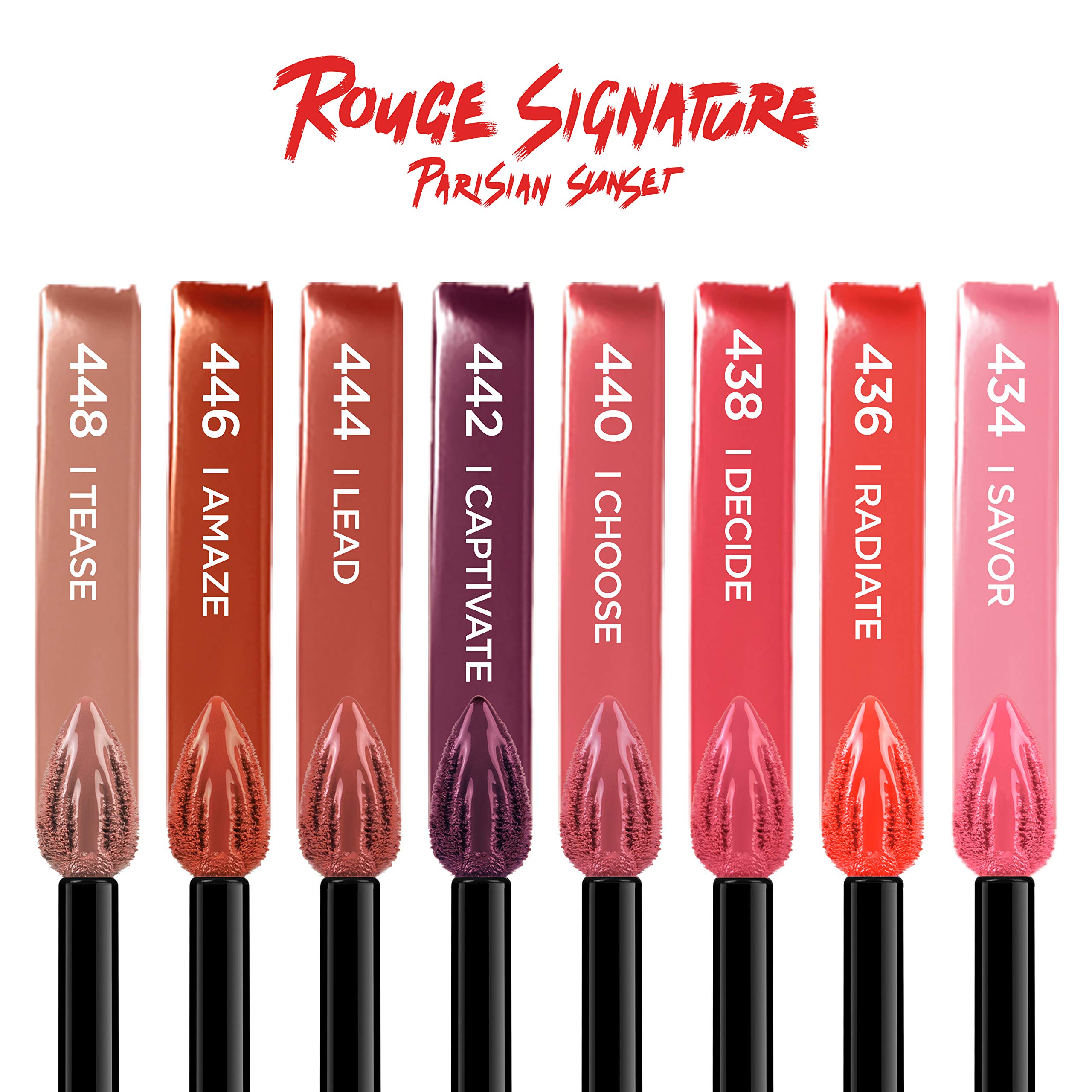L'Oreal Paris product swatches on skin demonstrating eight sunset-inspired shades benefit easy shade selection