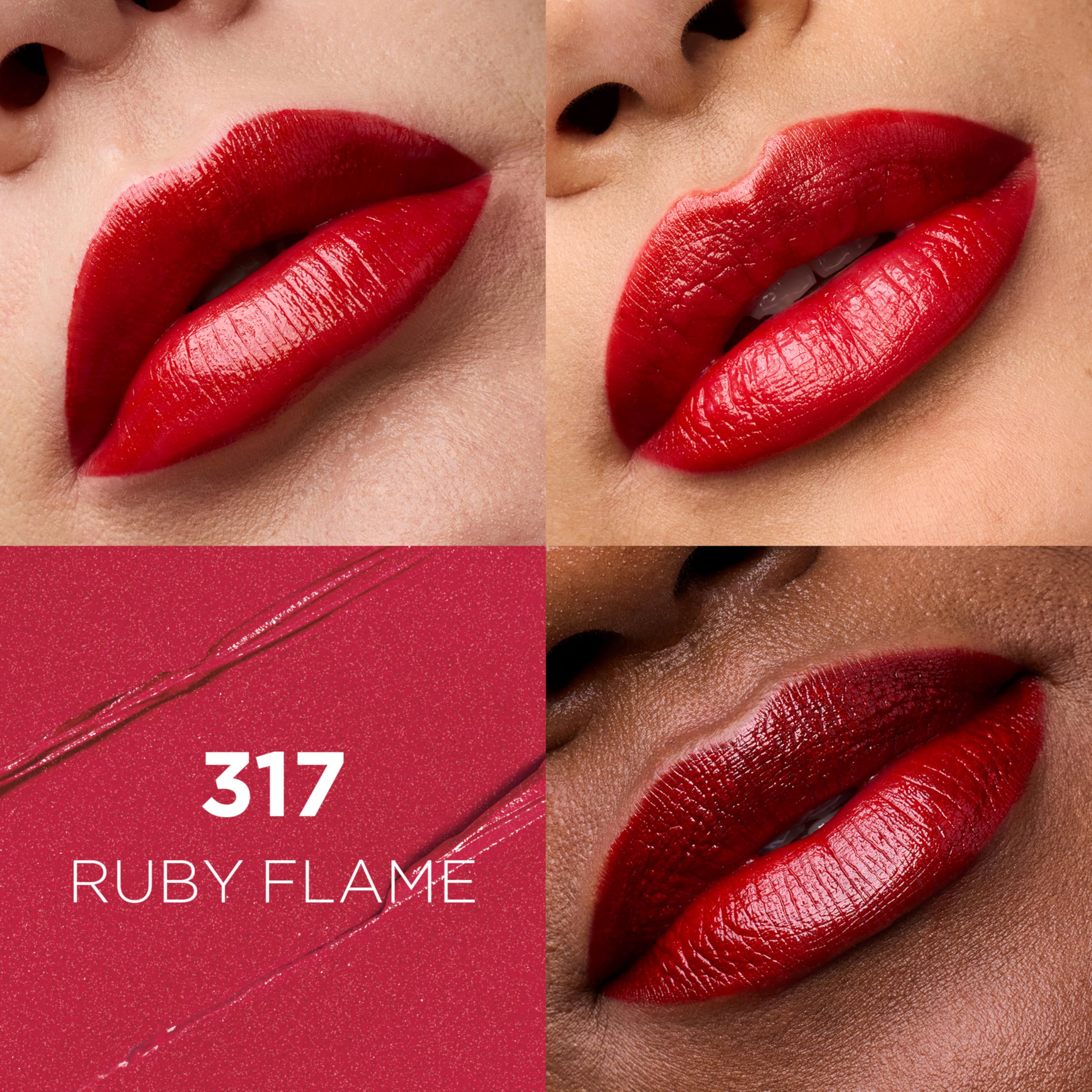 L'Oreal Paris Ruby Flame bullet close-up highlighting creamy satin finish