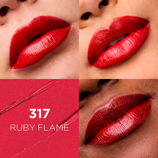 L'Oreal Paris Ruby Flame bullet close-up highlighting creamy satin finish