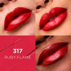 L'Oreal Paris Ruby Flame bullet close-up highlighting creamy satin finish