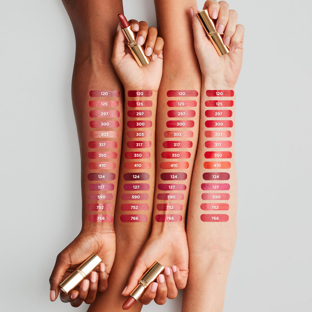 L'Oreal Paris Ruby Flame swatch texture on skin demonstrating smooth payoff