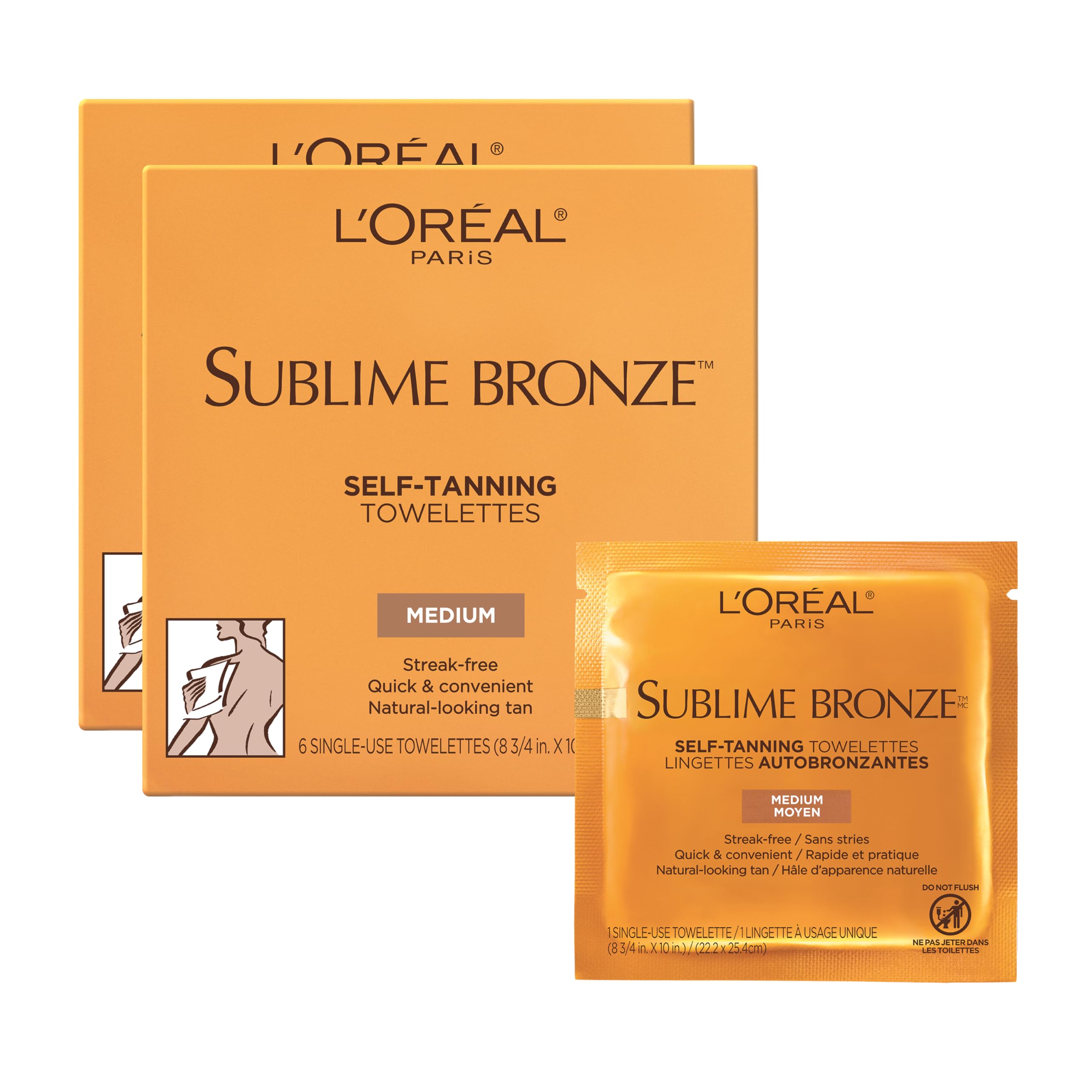 L'Oreal Paris front packaging showing the 6 count towelettes, convenient travel benefit