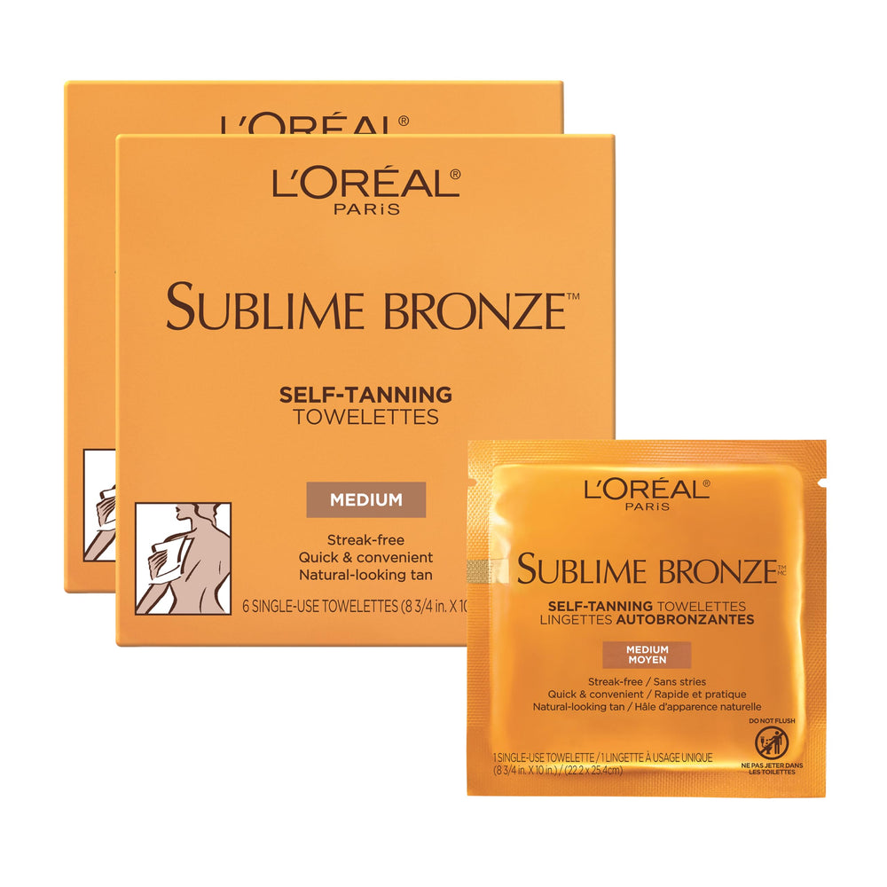 L'Oreal Paris front packaging showing the 6 count towelettes, convenient travel benefit
