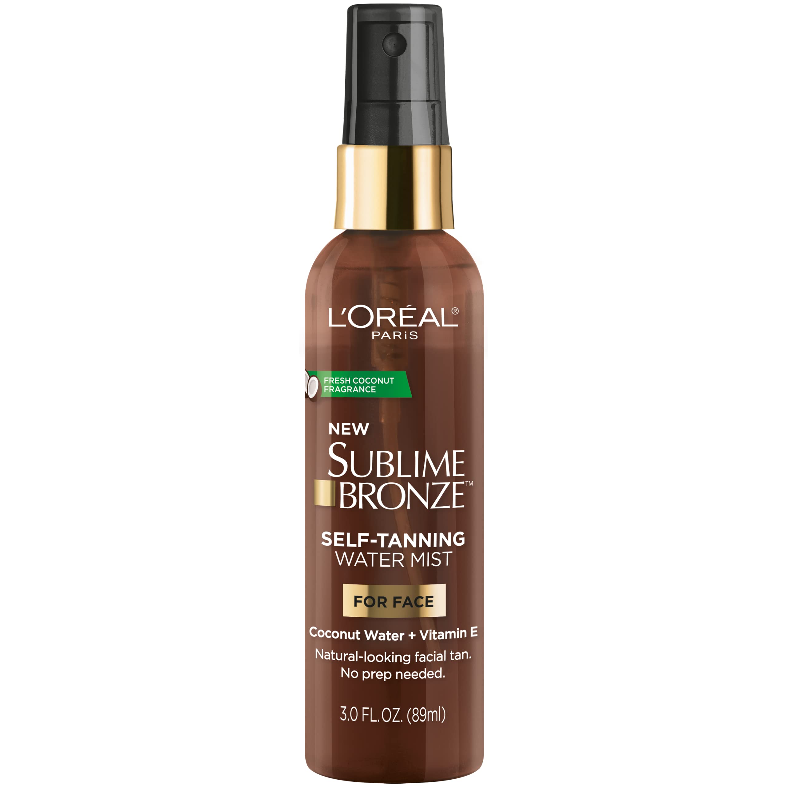 L'Oreal Paris front packaging of Sublime Bronze facial mist showing bottle and label and clear formula benefit