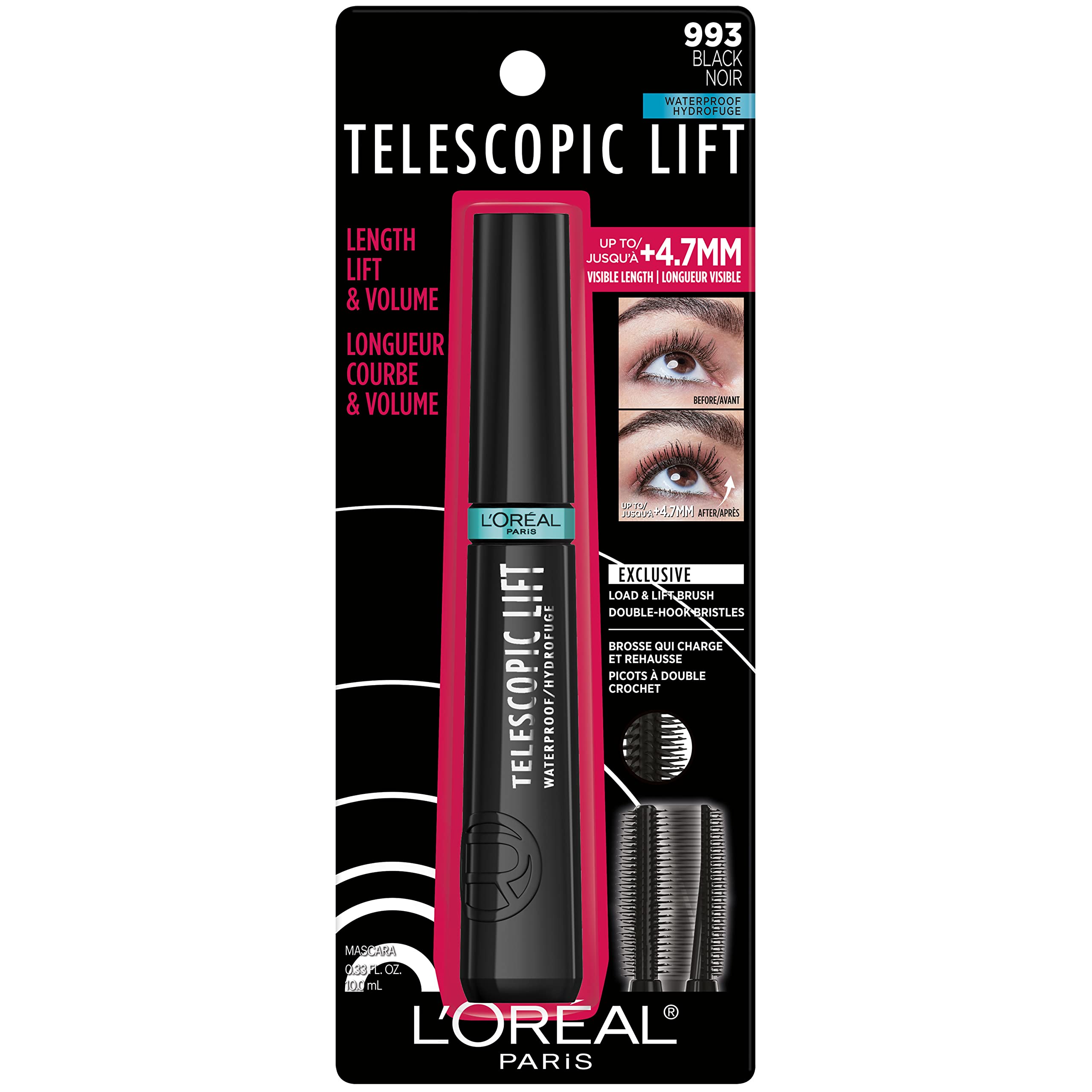 L'Oreal Paris mascara in a makeup bag ready for on-the-go touch ups