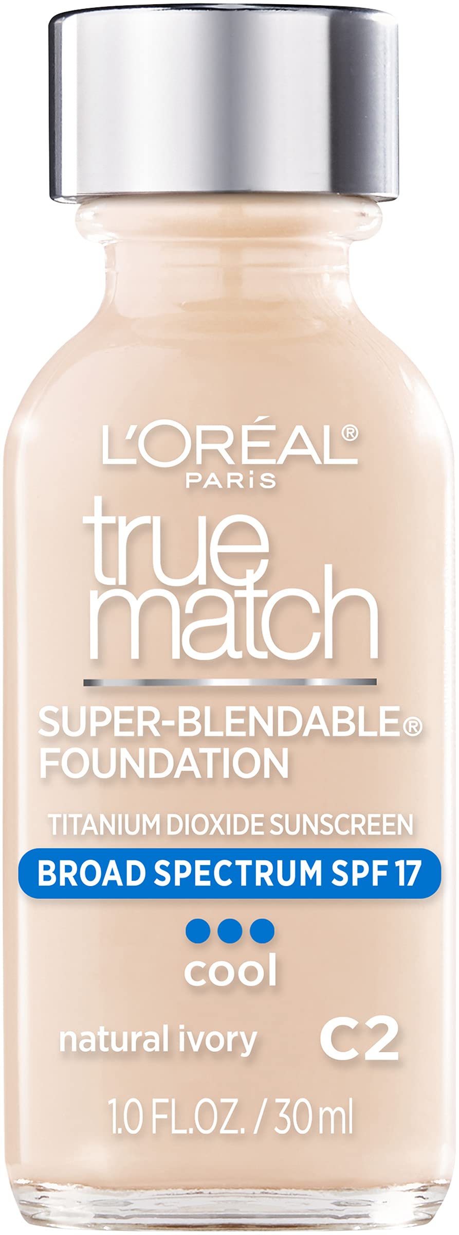 L'Oreal Paris front packaging showing Natural Ivory C2 and shade benefit