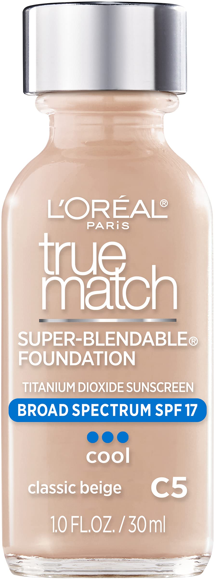 L'Oreal Paris True Match front packaging showing classic beige C5 and 1 fl oz, easy shade identification