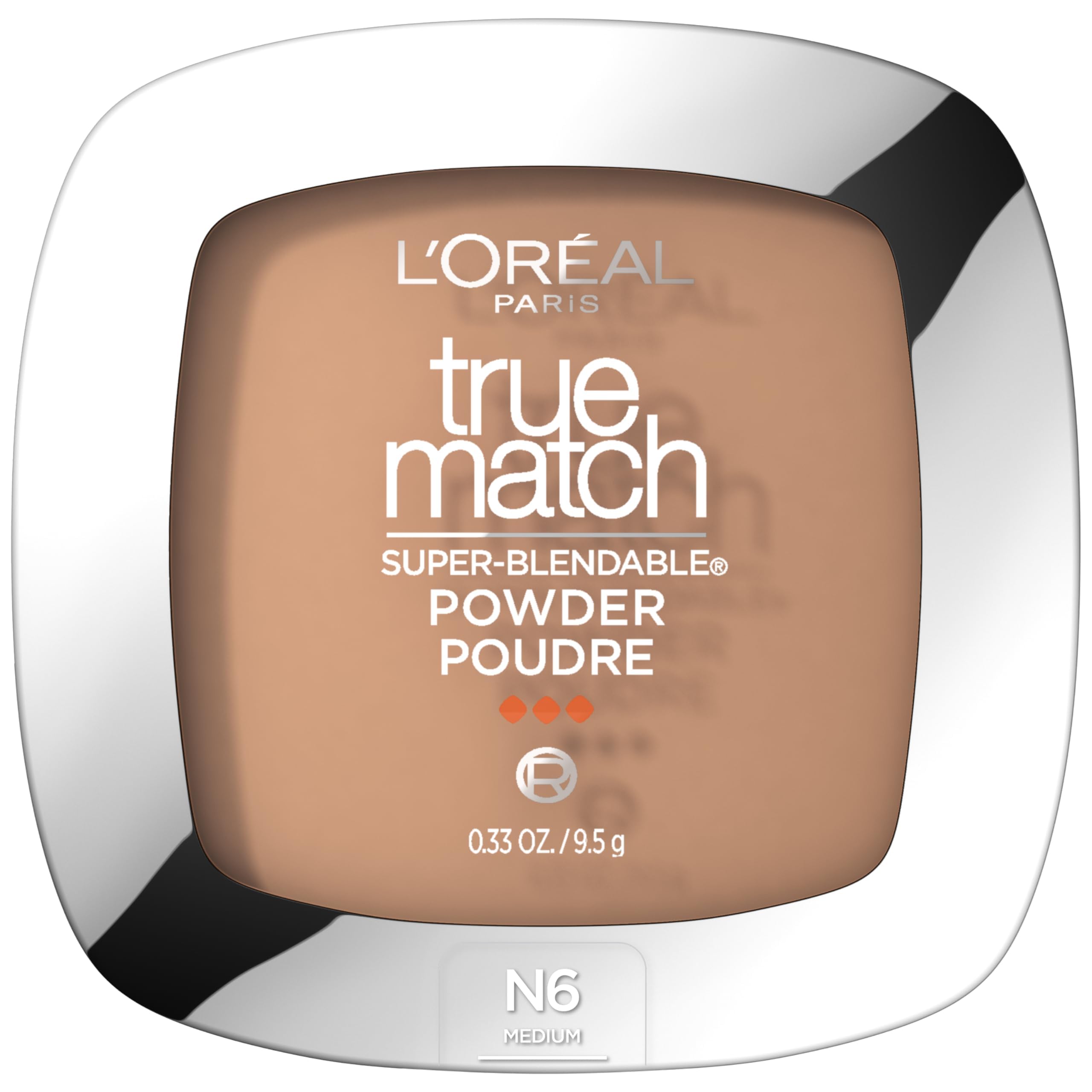 L'Oreal Paris open compact with powder swatch demonstrating seamless blend and shade N6