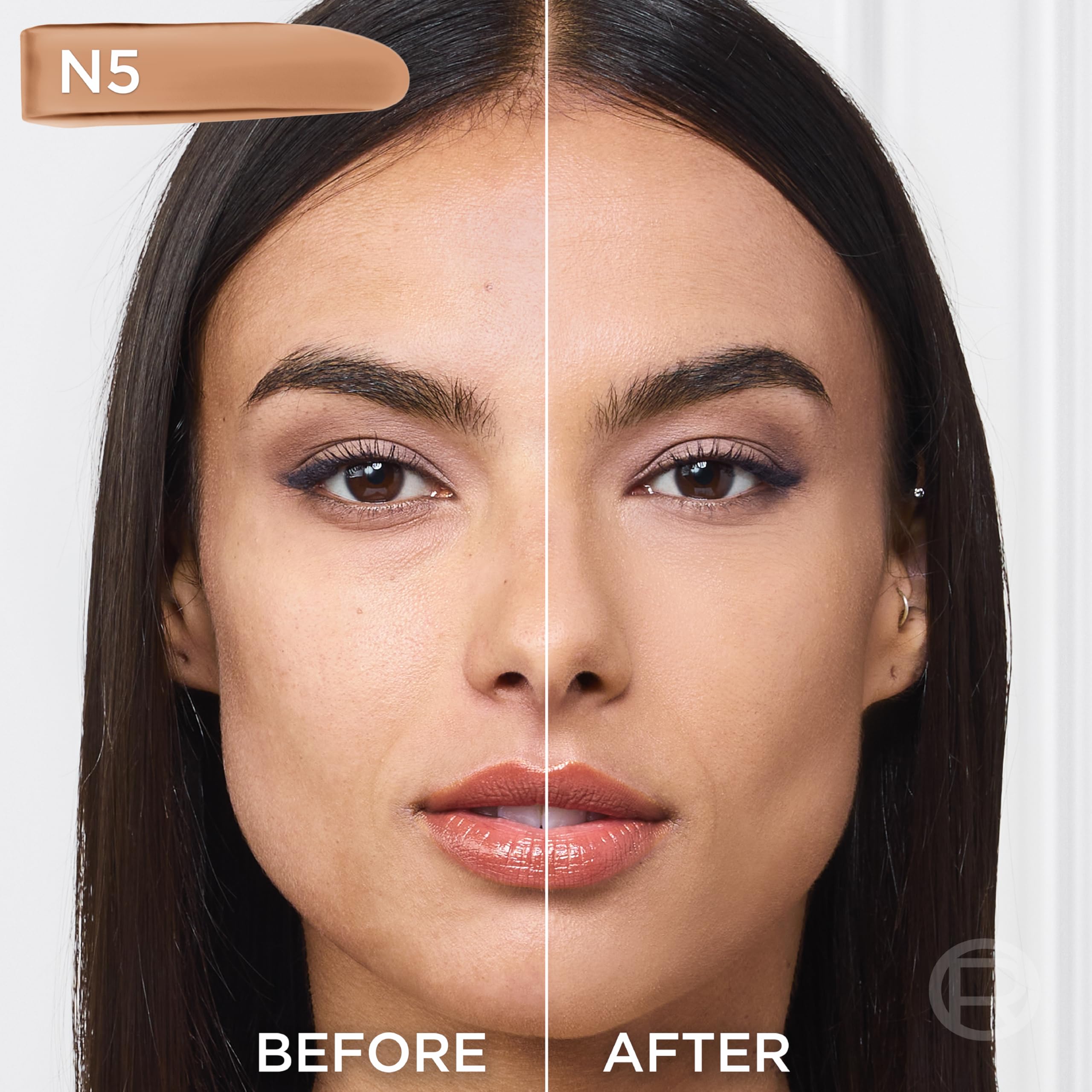L'Oreal Paris swatch on skin illustrating true-to-skin match and natural finish benefit