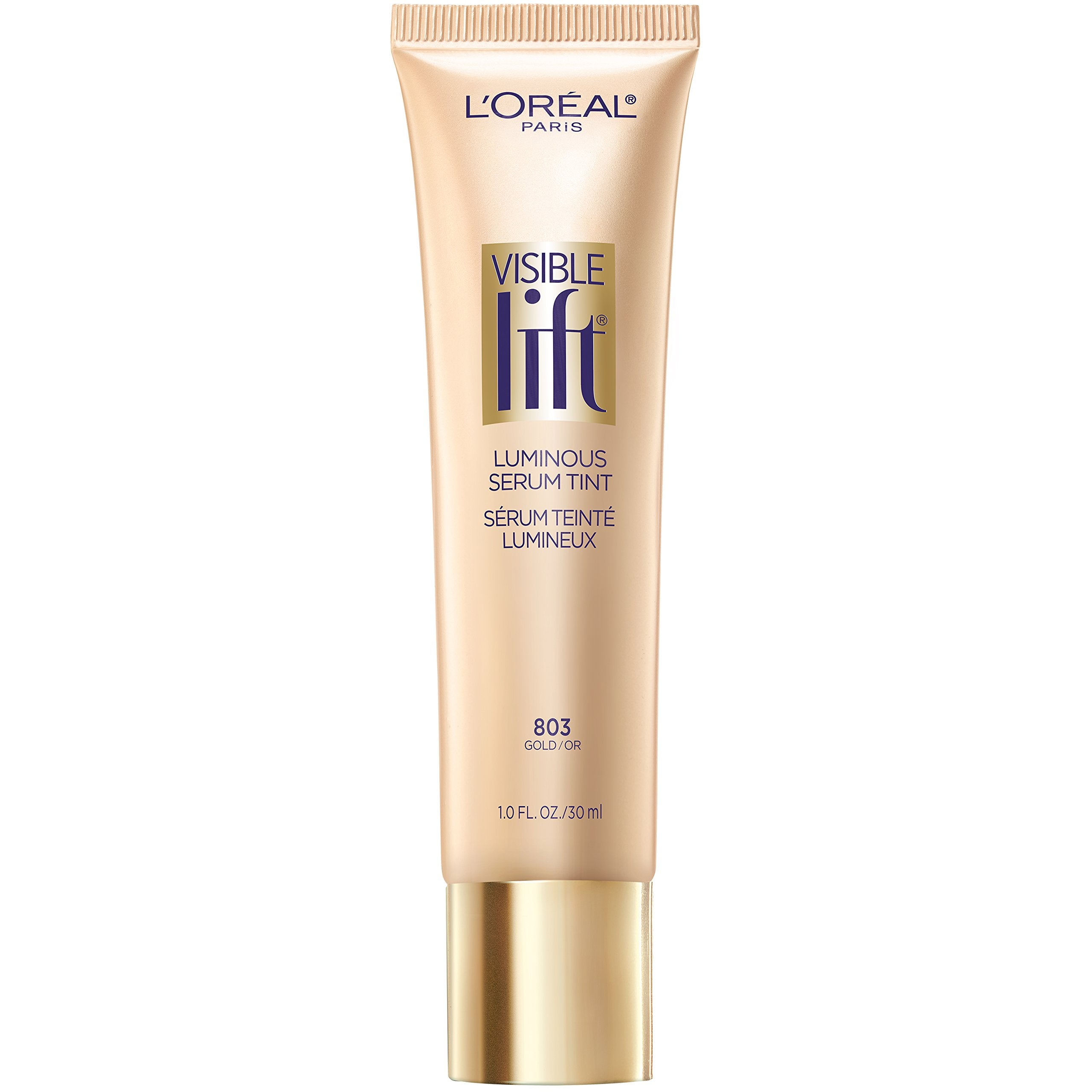 L'Oreal Paris bottle front view showing gold-tinted serum and label benefit