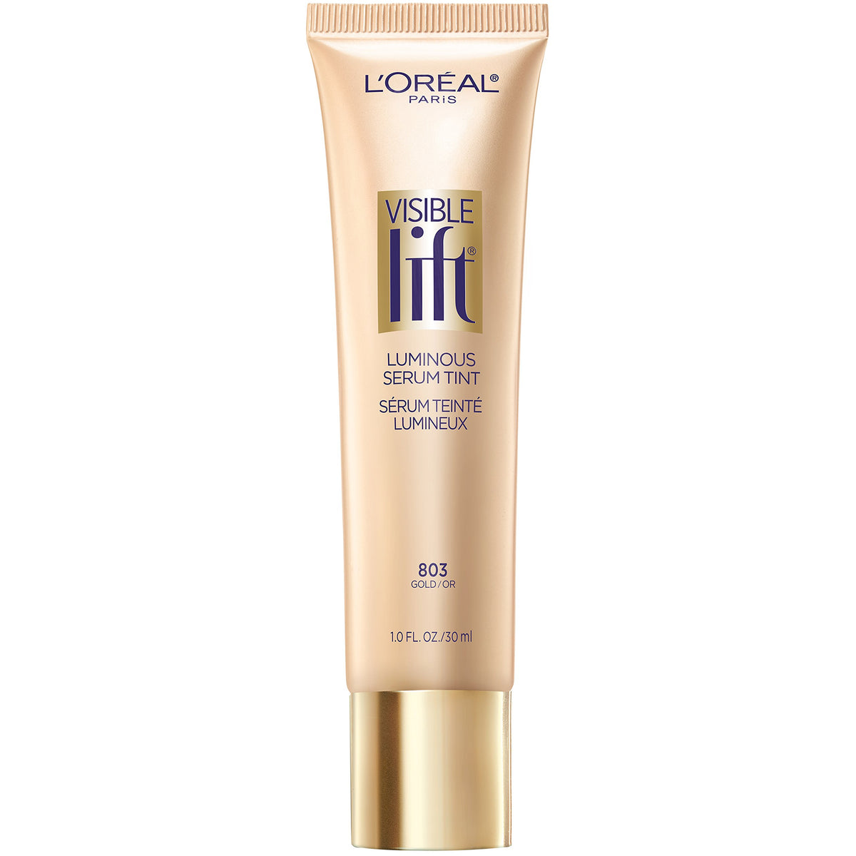 L'Oreal Paris bottle front view showing gold-tinted serum and label benefit