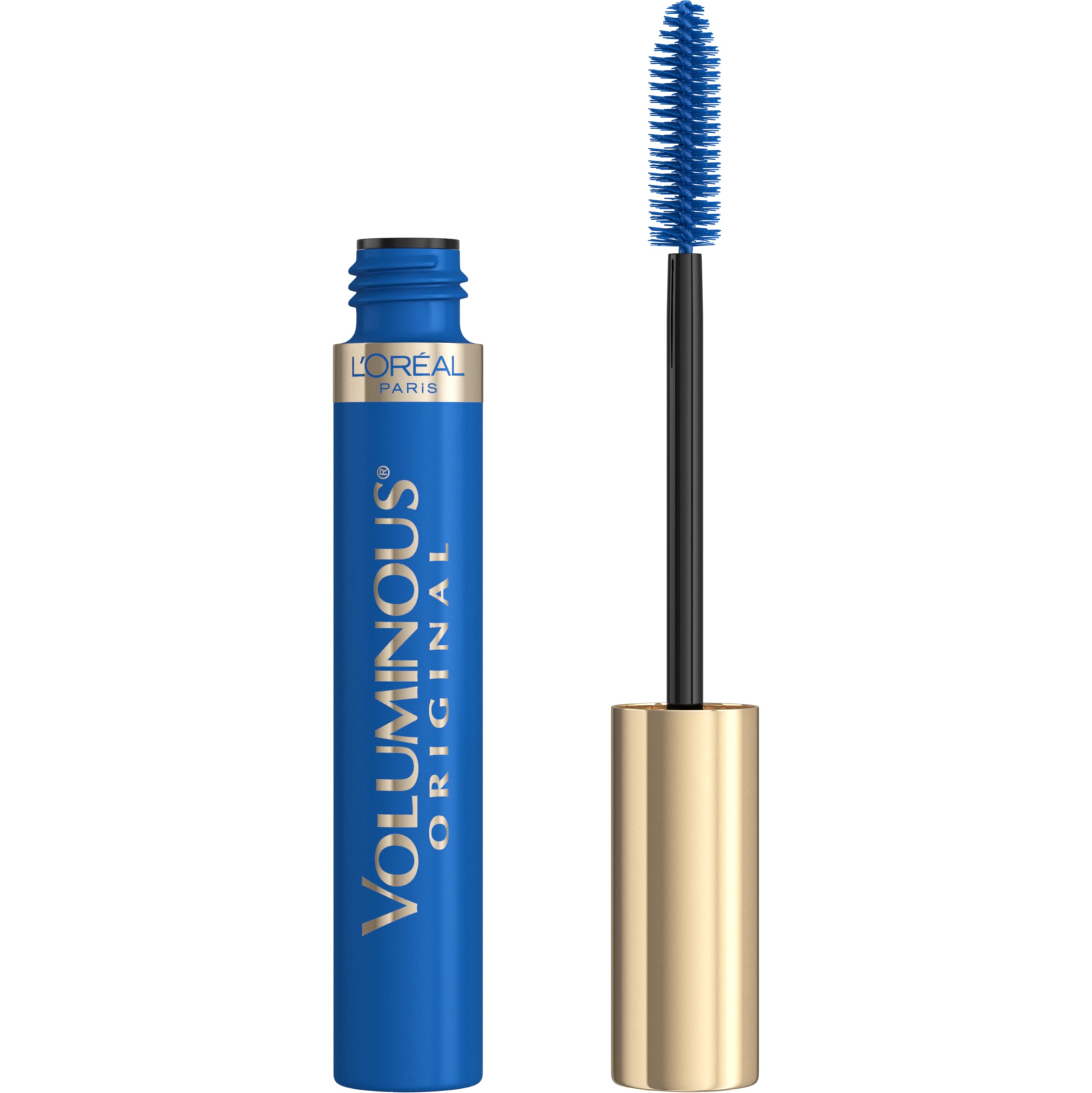L'Oreal Paris front packaging showing cobalt mascara tube and branding benefits