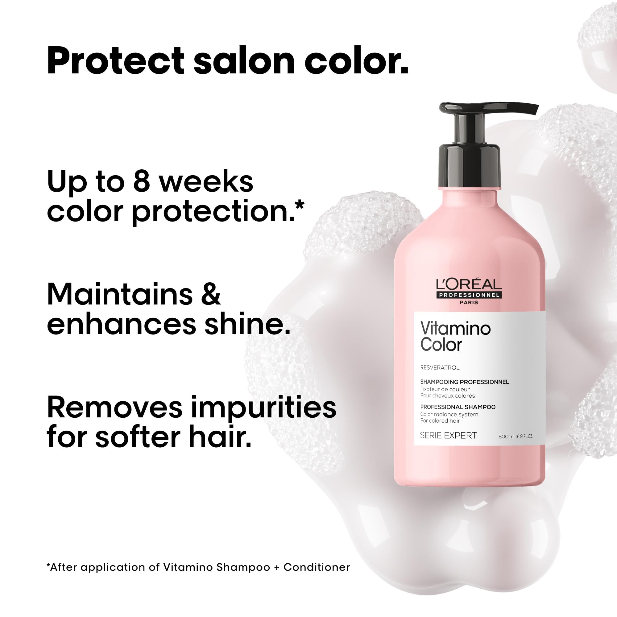 L'Oréal Professionnel Paris label close-up highlighting Vitamino Color and resveratrol ingredient benefit
