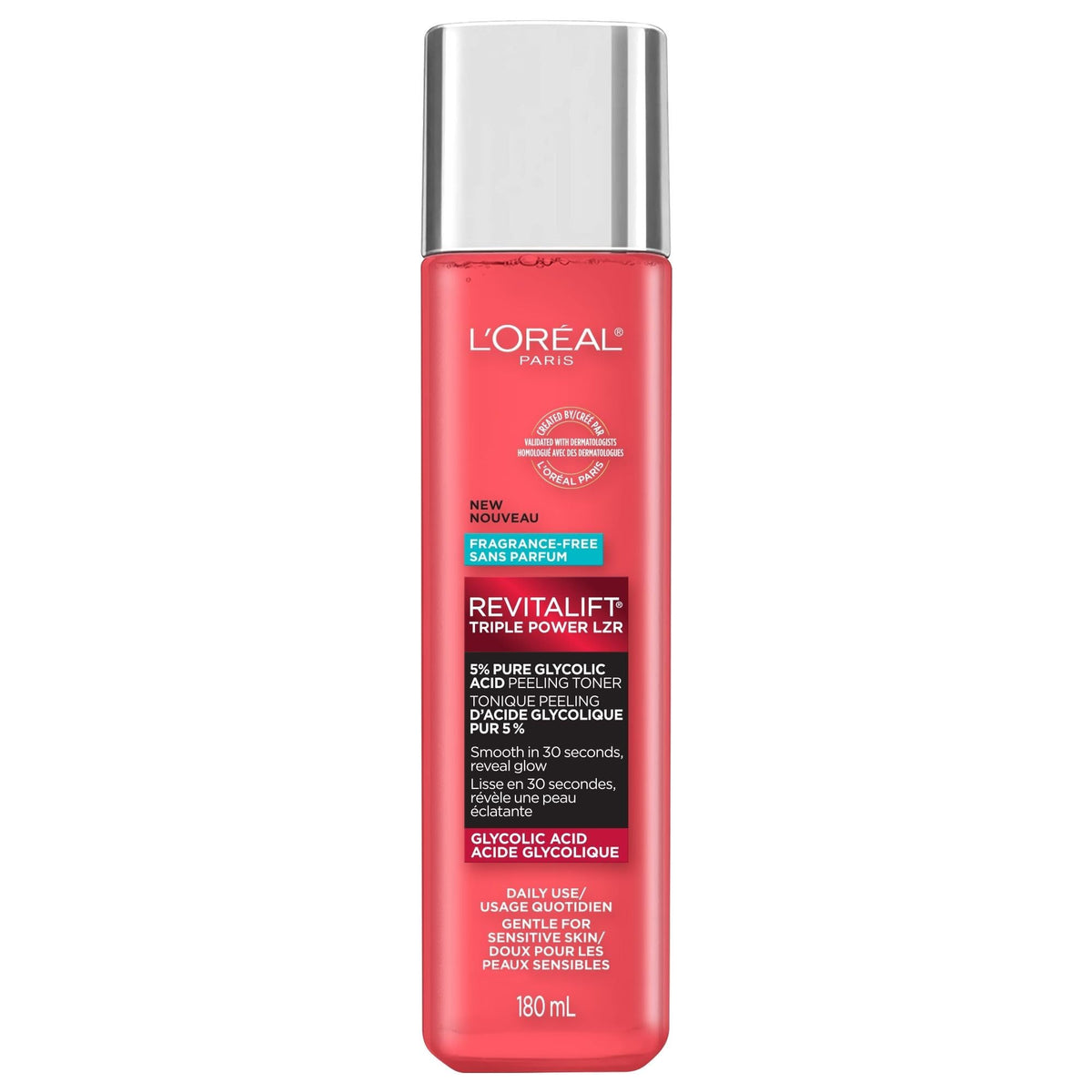 L'Oreal Paris bottle front view showing clean label and benefits