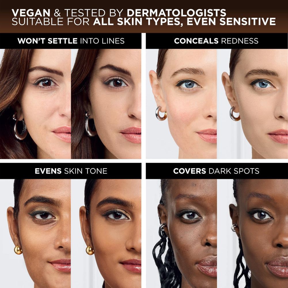 L'Oreal Paris before-and-after half-face showing evening of skin tone and natural finish