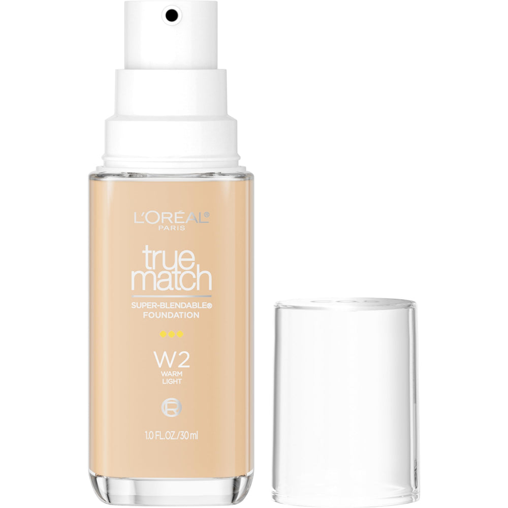 L'Oreal Paris front bottle view showing shade W2 and easy pump dispensing benefit