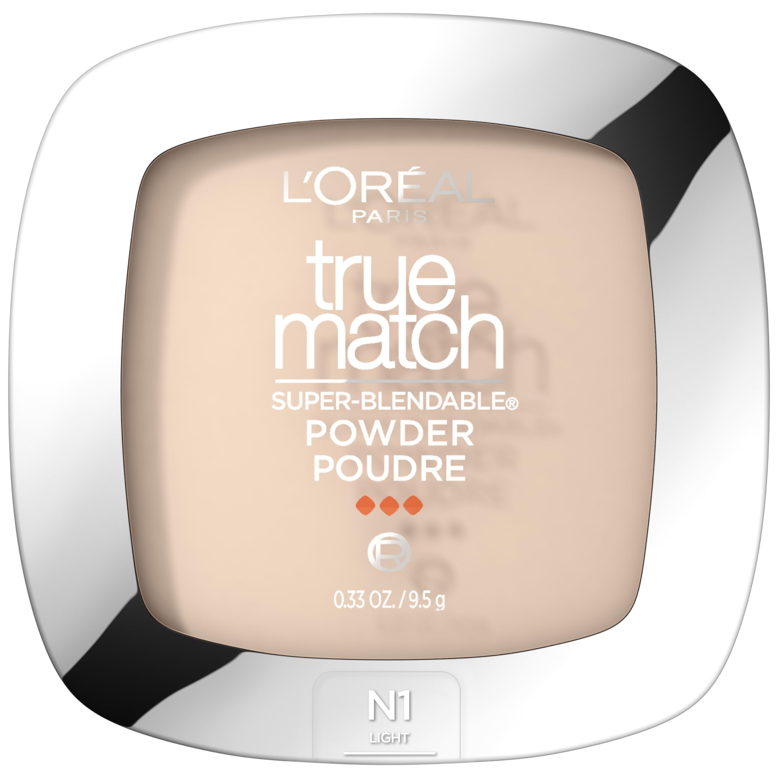 L'Oreal Paris compact front view showing lightweight portable powder and brand logo benefit