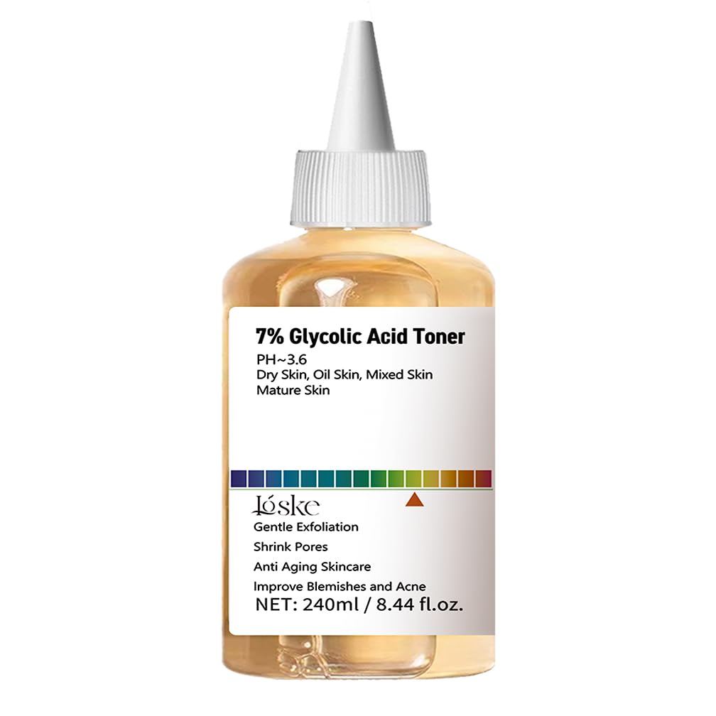 Loske bottle front label showing 7% glycolic acid and benefits for clearer skin