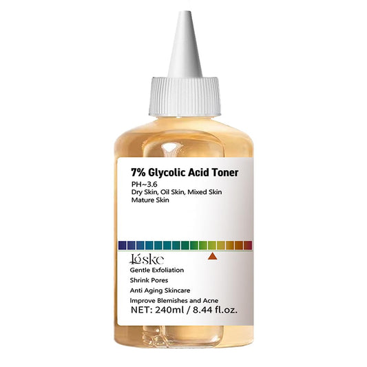 Loske bottle front label showing 7% glycolic acid and benefits for clearer skin