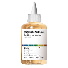 Loske bottle front label showing 7% glycolic acid and benefits for clearer skin