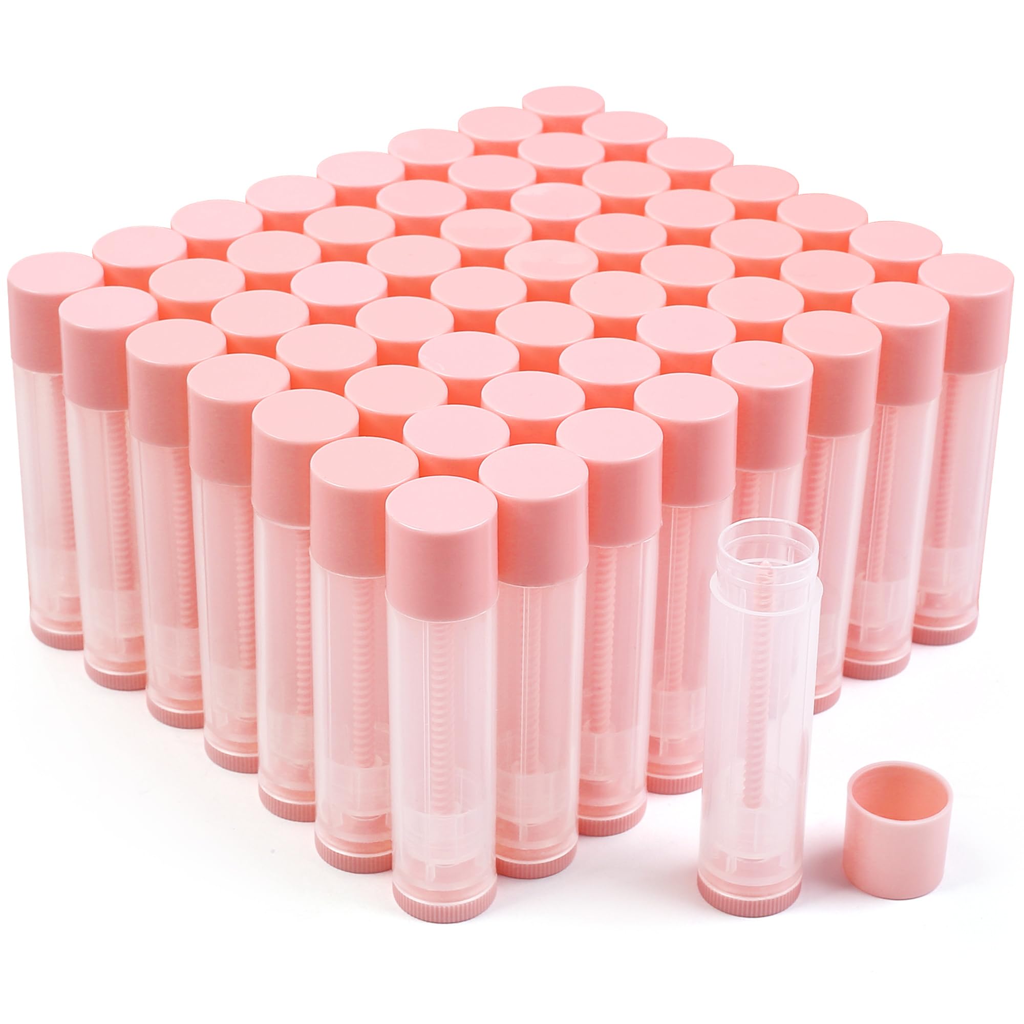LotFancy front view of 50 clear tubes and pink caps showing kit contents and neat organization